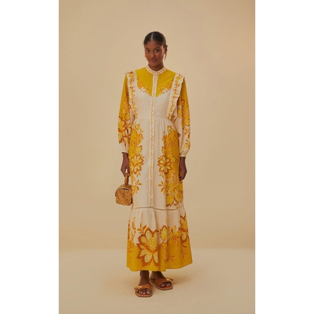 Farm Rio Aura Floral Maxi Dress Yellow Cream Ruffle Button Front Boho NWT XL - Picture 3 of 16